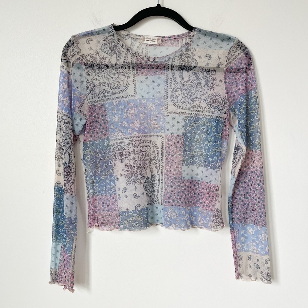 Sheer Mesh Floral Paisley Patchwork Lettuce Hem Long Sleeve Top Womens Medium